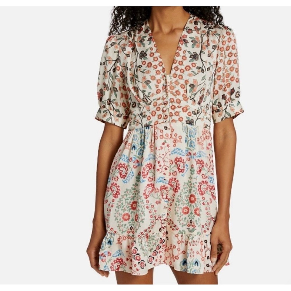 ba&sh Robe Ganiela Dress Ecru Floral Mini Puff Sleeve Boho Fairy Cottage
